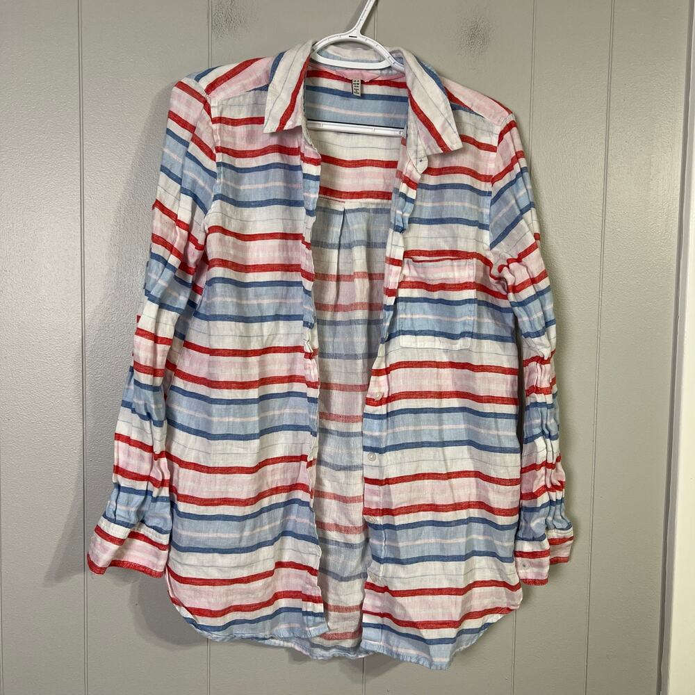 Joules Womens 8 100% Linen Striped Button Front Shirt Blue Red White Long Sleeve